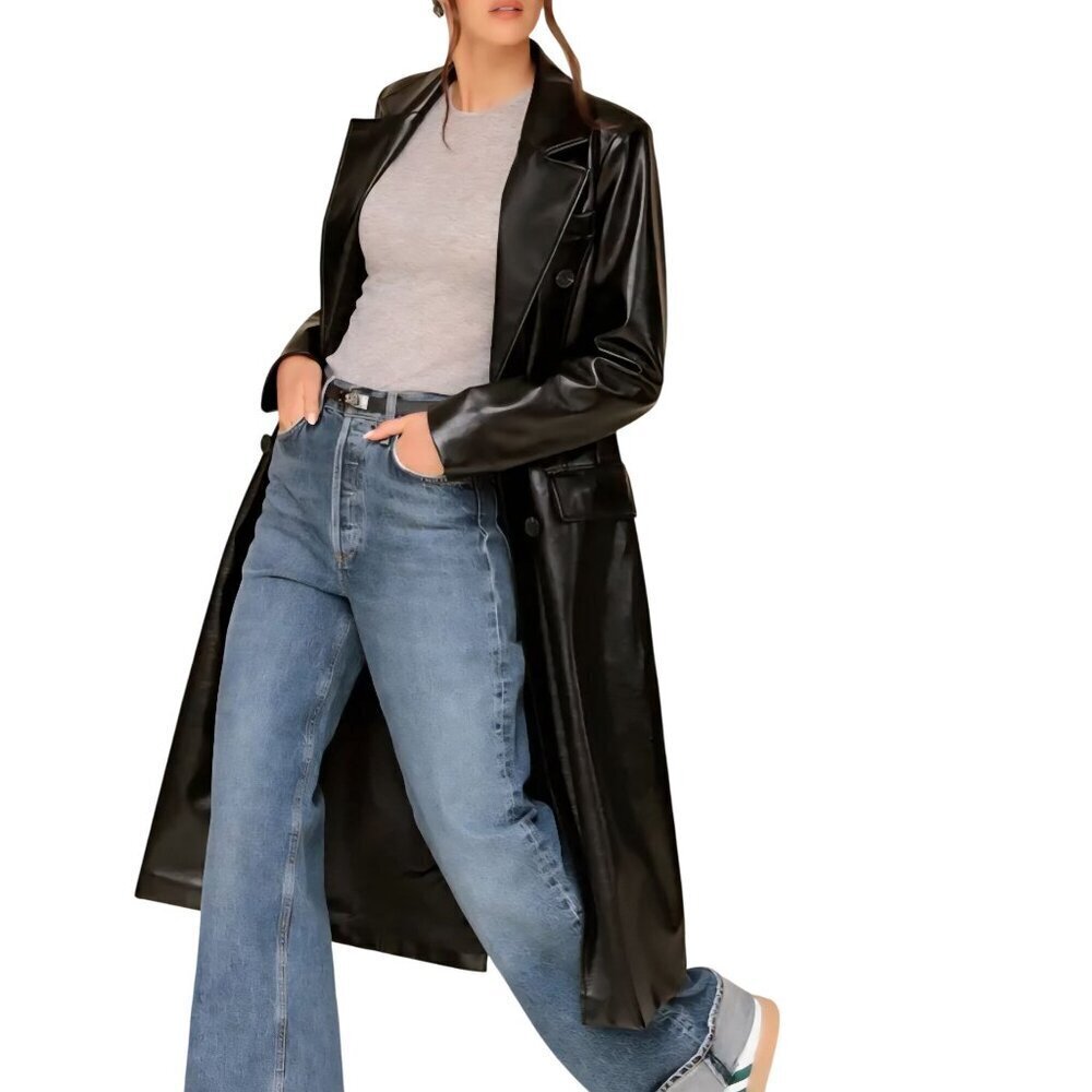 Avec Les Filles Black Faux Leather Double-Breasted Belted Trench Coat Size L - Picture 7 of 12
